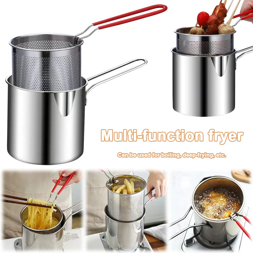 Tempura Fryer Pan with Strainer Stainless Steel Tempura Small Deep Frying Pan Portable Cooking Pot for Kitchen Fried Chicken