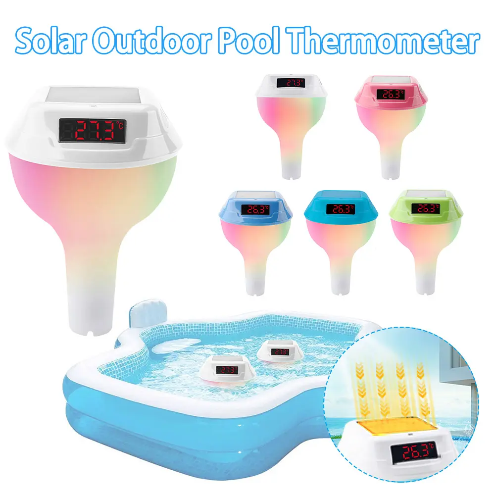 Solar Powered Outdoor Pool Thermometer Waterproof Timing Pool Thermometer with RGB Light Water Temperature Meter for Spa Hot Tub