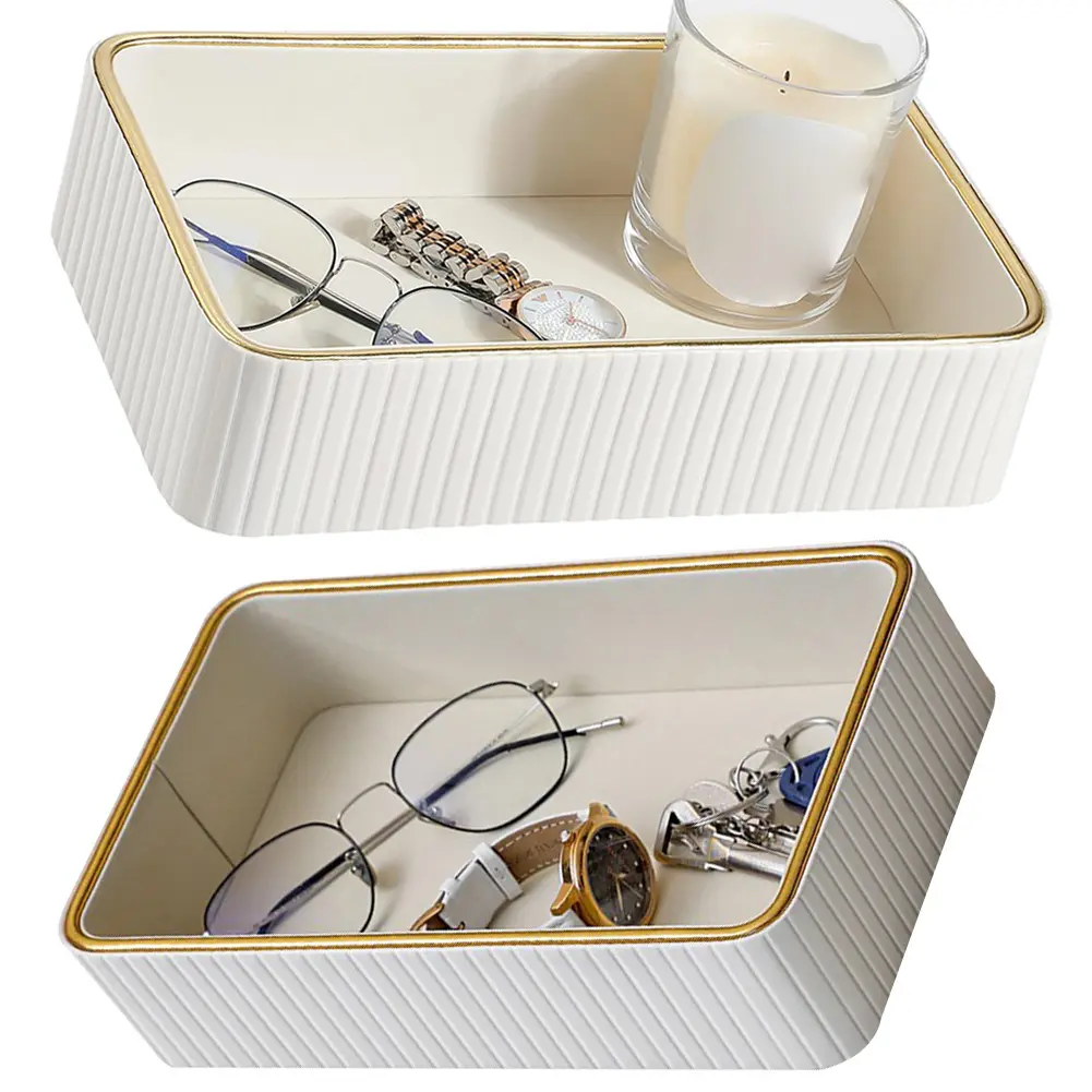 PU Leather Storage Tray Rectangular Desktop Organizer Tray Multi-Function Jewellery Ring Holder Plate for Bathroom Bedroom