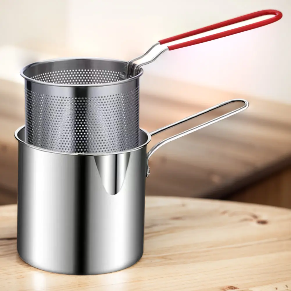 Tempura Fryer Pan with Strainer Stainless Steel Tempura Small Deep Frying Pan Portable Cooking Pot for Kitchen Fried Chicken