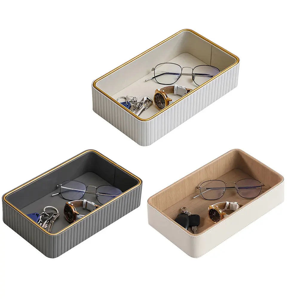 PU Leather Storage Tray Rectangular Desktop Organizer Tray Multi-Function Jewellery Ring Holder Plate for Bathroom Bedroom