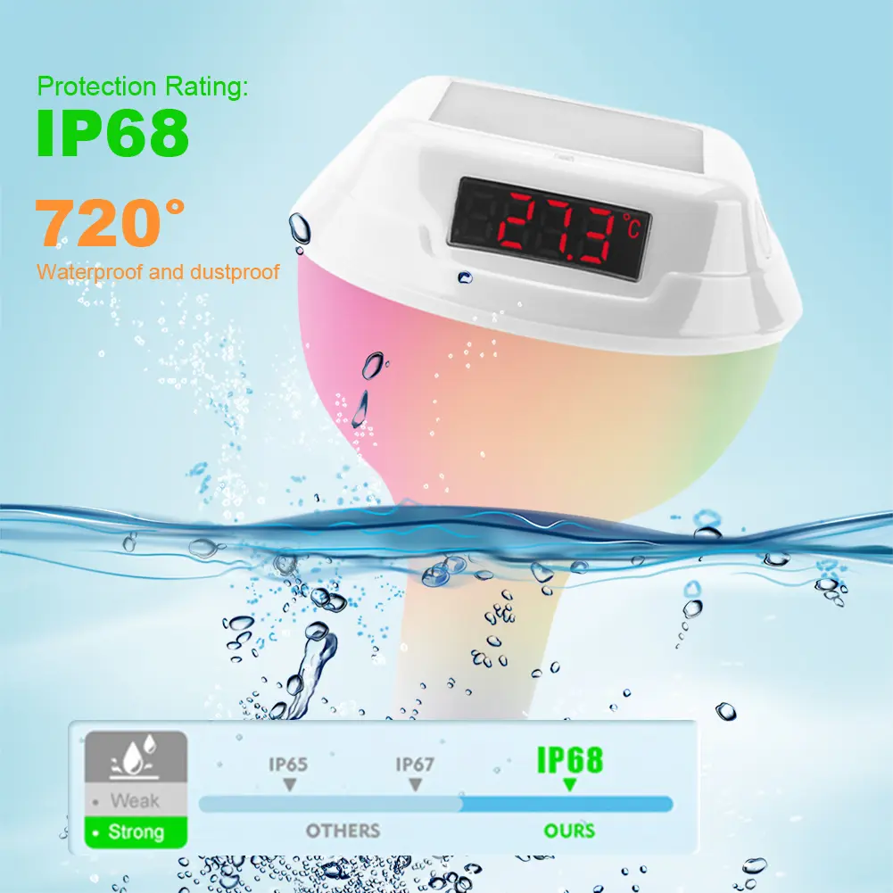 Solar Powered Outdoor Pool Thermometer Waterproof Timing Pool Thermometer with RGB Light Water Temperature Meter for Spa Hot Tub