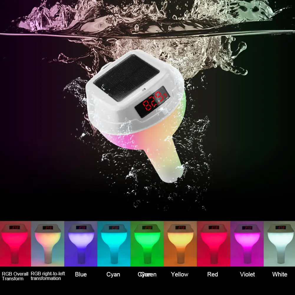 Solar Powered Outdoor Pool Thermometer Waterproof Timing Pool Thermometer with RGB Light Water Temperature Meter for Spa Hot Tub