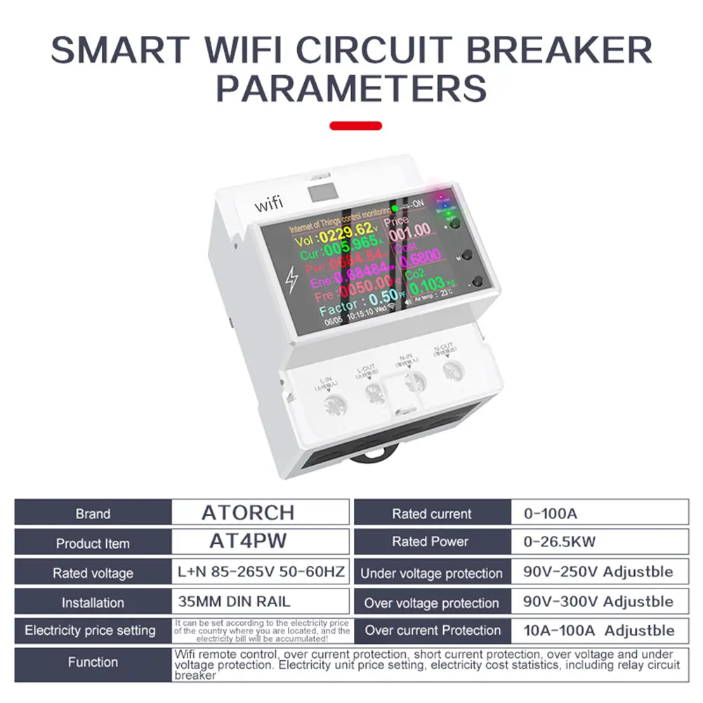 AT4PW Smart Power Meter AC 110V 220V 100A WiFi Electricity Power Monitor Remote Control Share Management Easy Installation