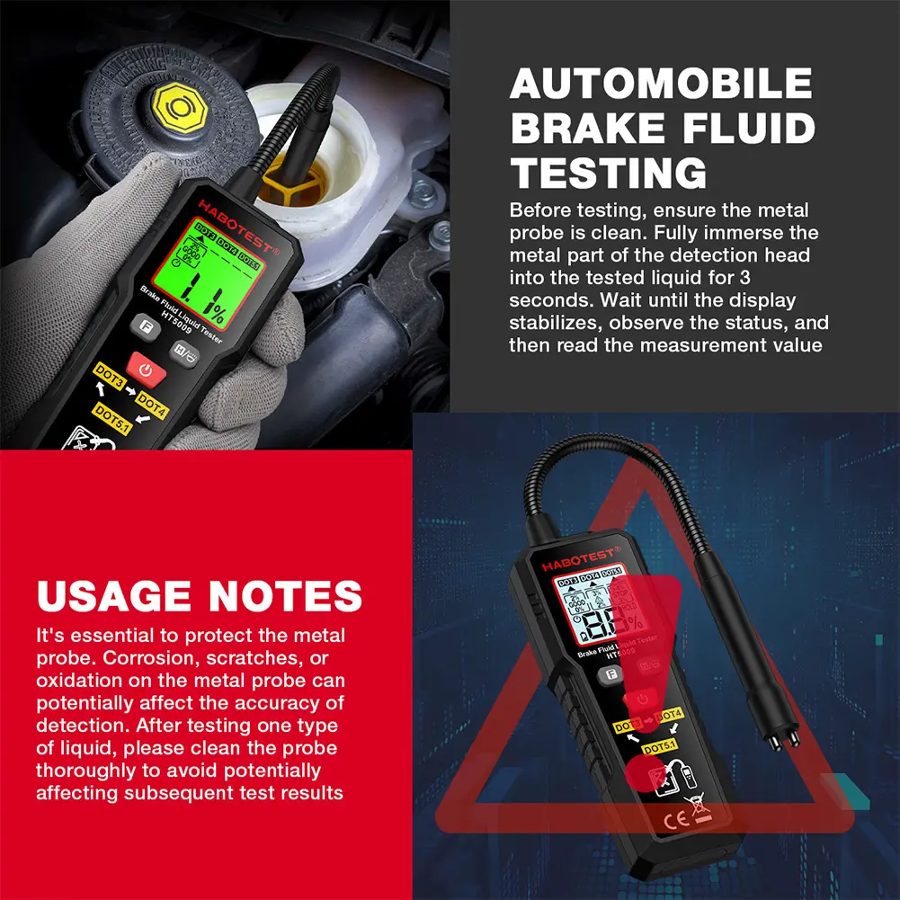 HT5009 Digital Auto Brake Liquid Oil Detector Flexible Probe Hydraulic Oil Moisture Analyzer High Precision for DOT3 DOT4 DOT5.1