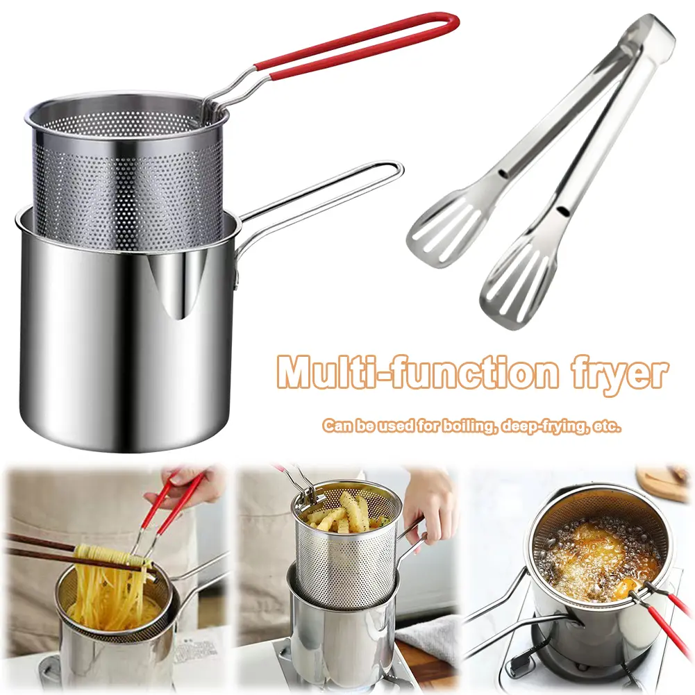 Tempura Fryer Pan with Strainer & Food Tongs Stainless Steel Milk Warmer Pot Portable Cooking Pot Chicken Fried Cooking Tools