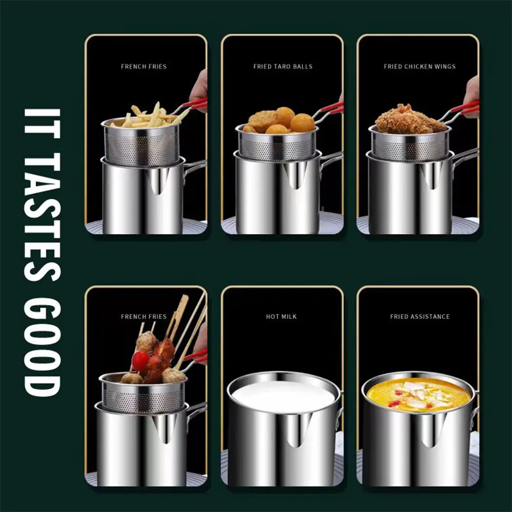 Tempura Fryer Pan with Strainer & Food Tongs Stainless Steel Milk Warmer Pot Portable Cooking Pot Chicken Fried Cooking Tools