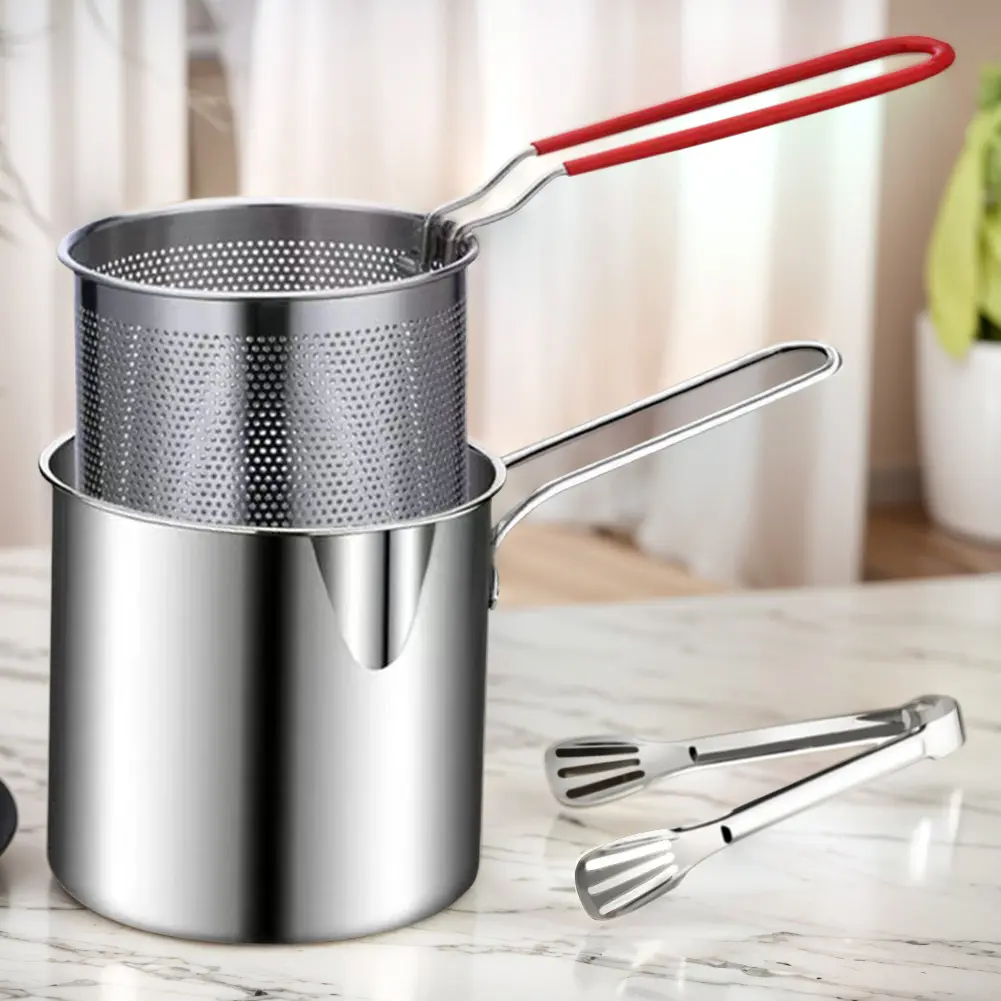 Tempura Fryer Pan with Strainer & Food Tongs Stainless Steel Milk Warmer Pot Portable Cooking Pot Chicken Fried Cooking Tools