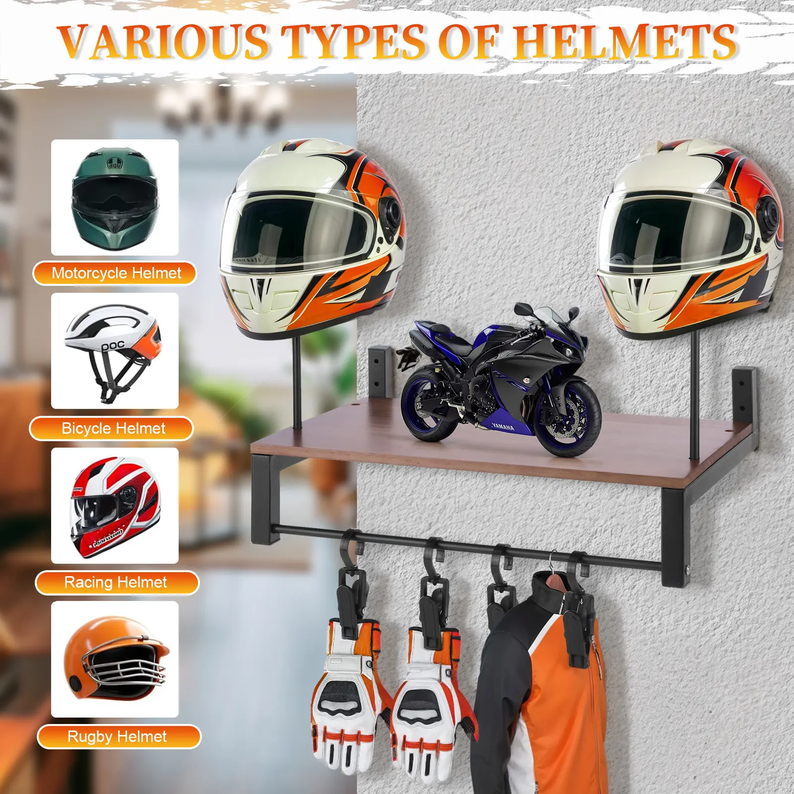 Wooden Motorcycle Helmet Holder Wall Mount Helmet Organizer Rack Wear Resist Gear Storage Rack for Motorcycle Accesories Storage