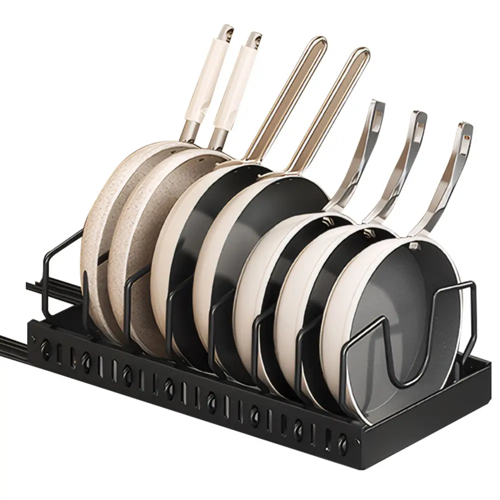 Sliding Lid Holder Pan Rack with 8 Adjustable Dividers Slide Out Pot Pan Organizer for Pot Lid Bakeware Dishes