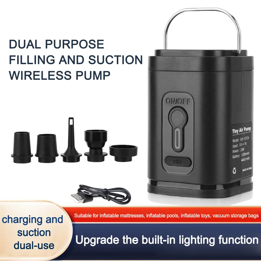 Wireless Air Compressor Camping Light 3 Lighting Modes Outdoor Inflator Pump Rechargeable for Air Beds Boat Swimming Ring
