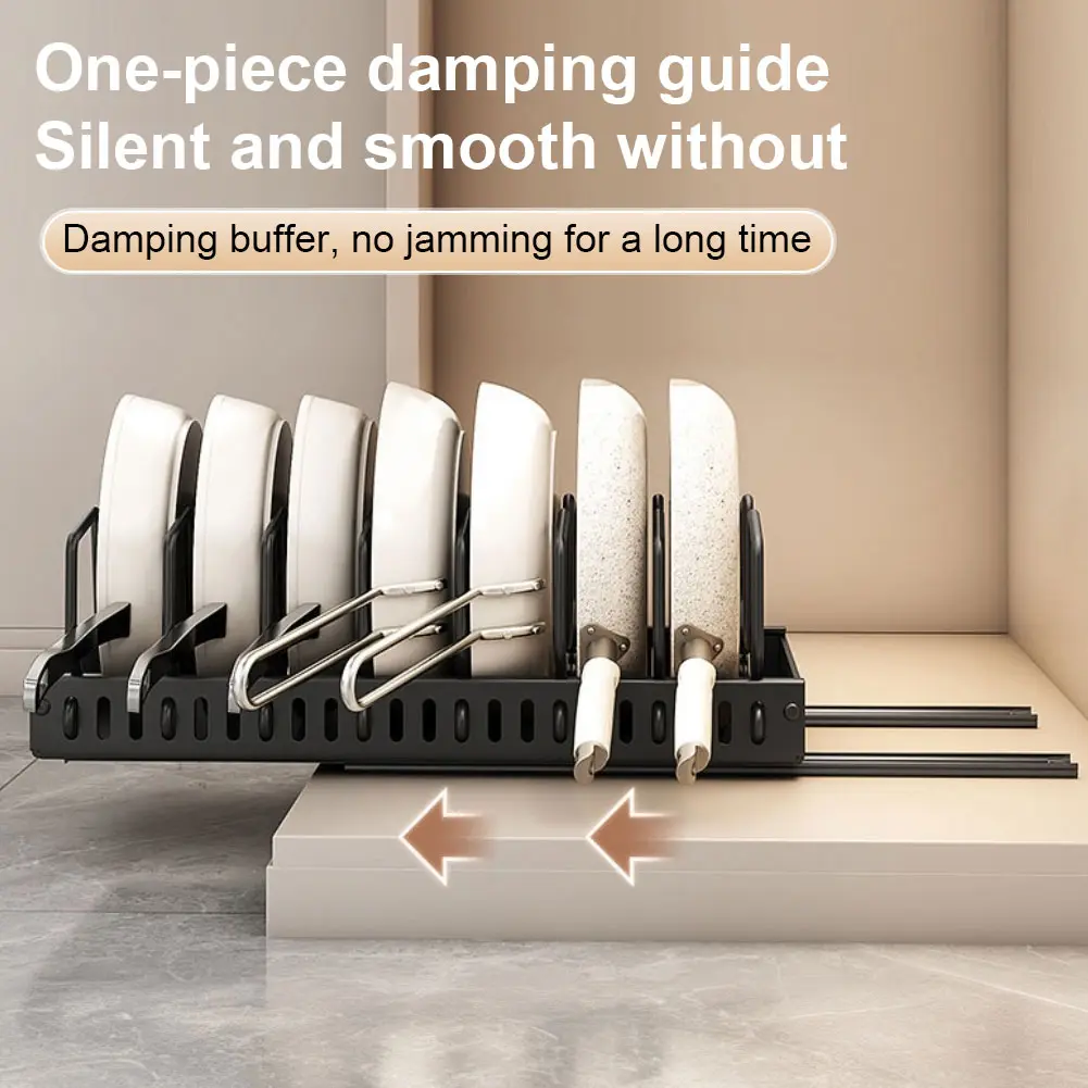 Sliding Lid Holder Pan Rack with 8 Adjustable Dividers Slide Out Pot Pan Organizer for Pot Lid Bakeware Dishes