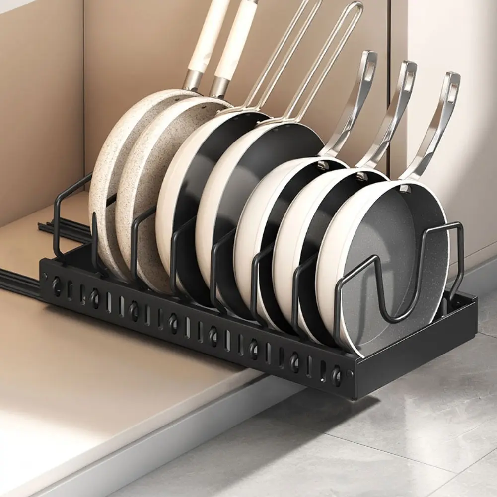 Sliding Lid Holder Pan Rack with 8 Adjustable Dividers Slide Out Pot Pan Organizer for Pot Lid Bakeware Dishes