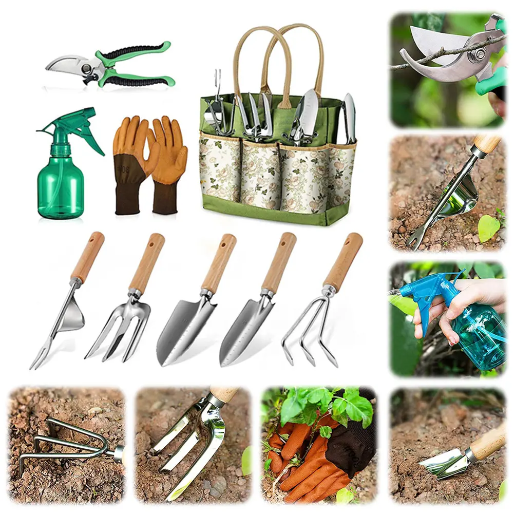 9 IN 1 Gardening Tool Set Rust-Proof Stainless Steel Garden Tool Set Wooden Handle Gloves Pruner Weeder Fork Shovel Spray Bottle