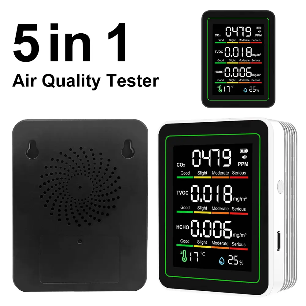 5-in-1 Indoor Air Quality Monitor Temperature Humidity Detector CO2 TVOC HCHO Tester Air Quality Detector for Home&Office