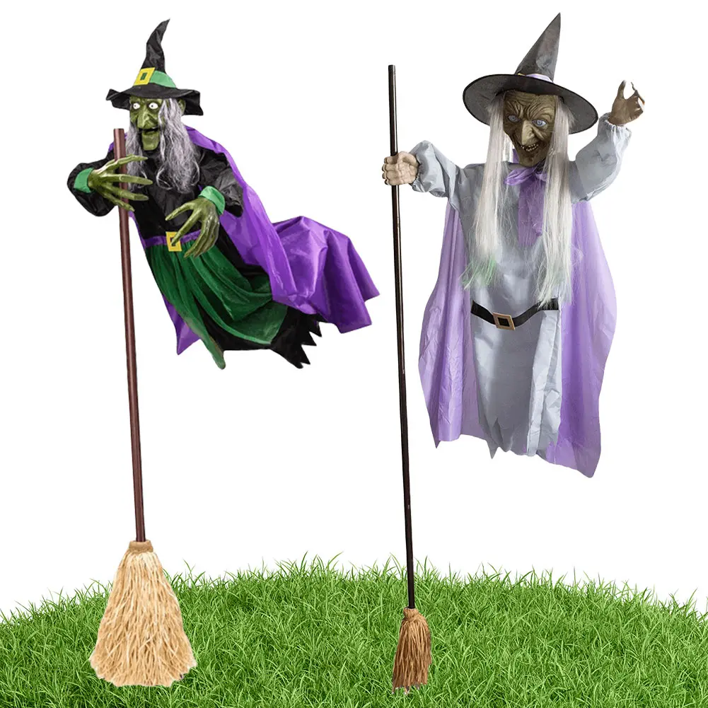 Halloween Props with Terrifying Sounds and Lights Fun Costumes Flying Scary Witch Broom Wizard Decor for Garden Yard Lawn Indoor
