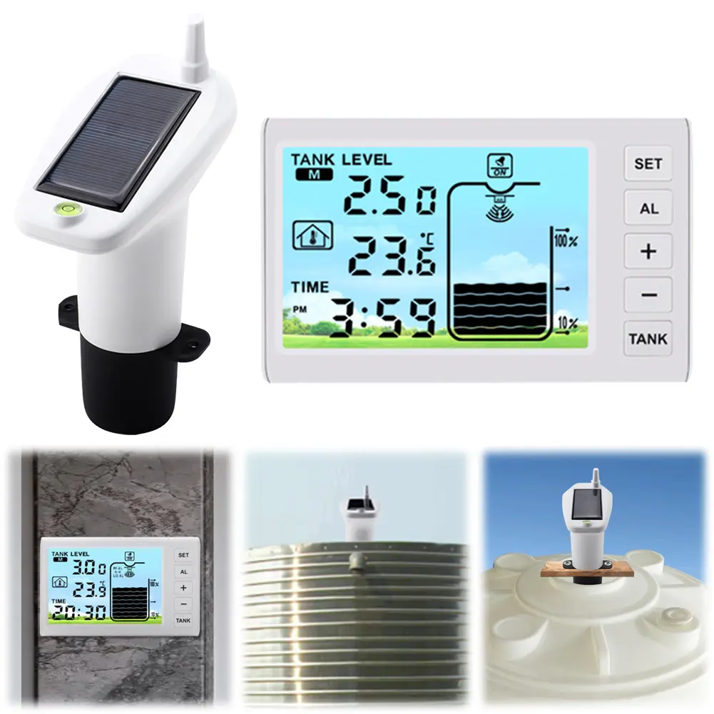 Indoor Water Tank Liquid Level Meter Temperature Sensor Time Display W/ Alarm Wireless Ultrasonic Water Tank Liquid Level Meter