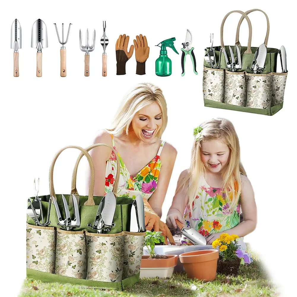 9 IN 1 Gardening Tool Set Rust-Proof Stainless Steel Garden Tool Set Wooden Handle Gloves Pruner Weeder Fork Shovel Spray Bottle