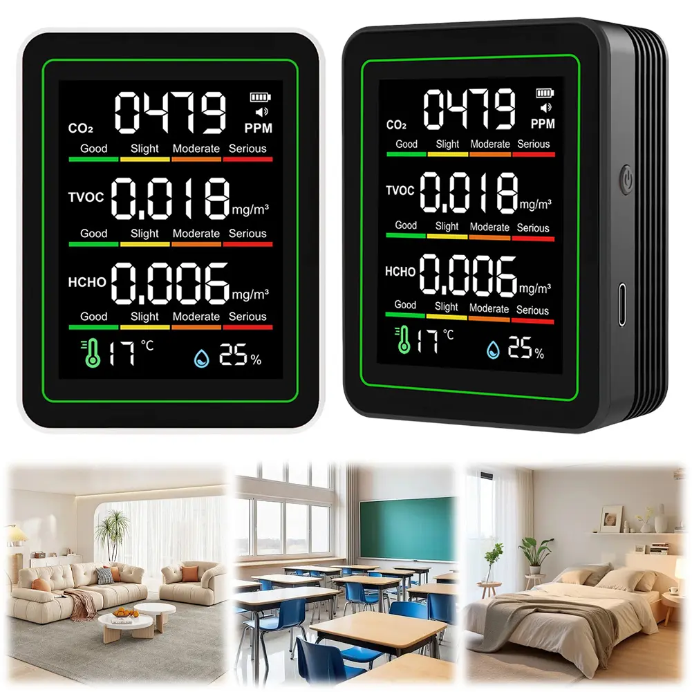 5-in-1 Indoor Air Quality Monitor Temperature Humidity Detector CO2 TVOC HCHO Tester Air Quality Detector for Home&Office
