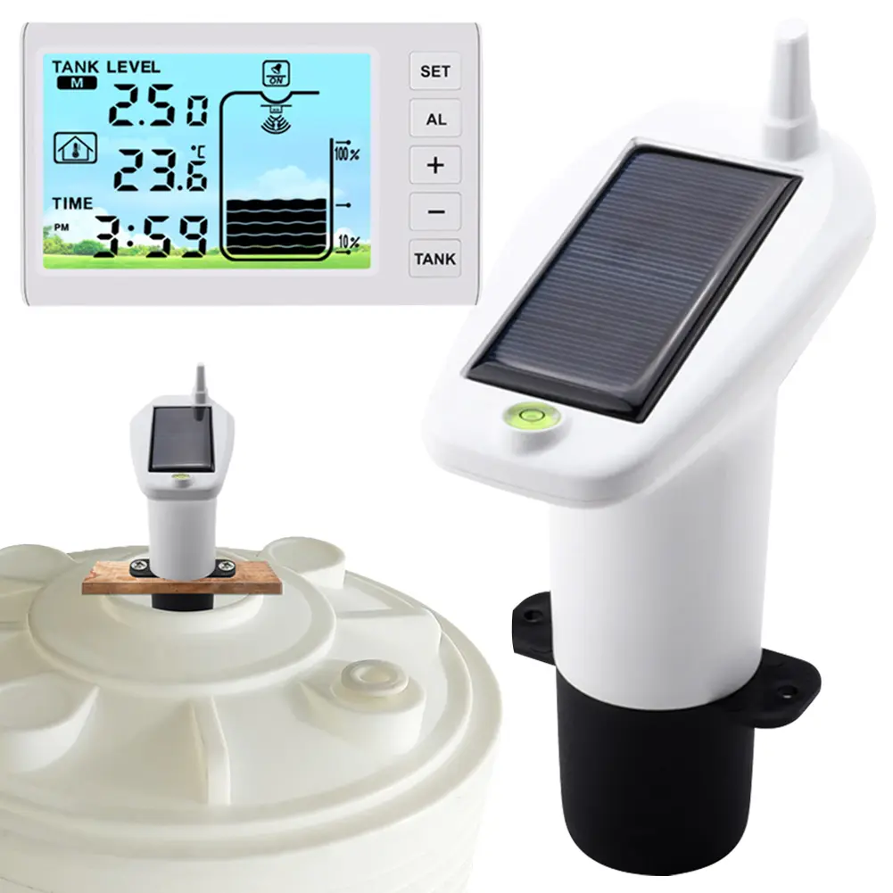 Indoor Water Tank Liquid Level Meter Temperature Sensor Time Display W/ Alarm Wireless Ultrasonic Water Tank Liquid Level Meter