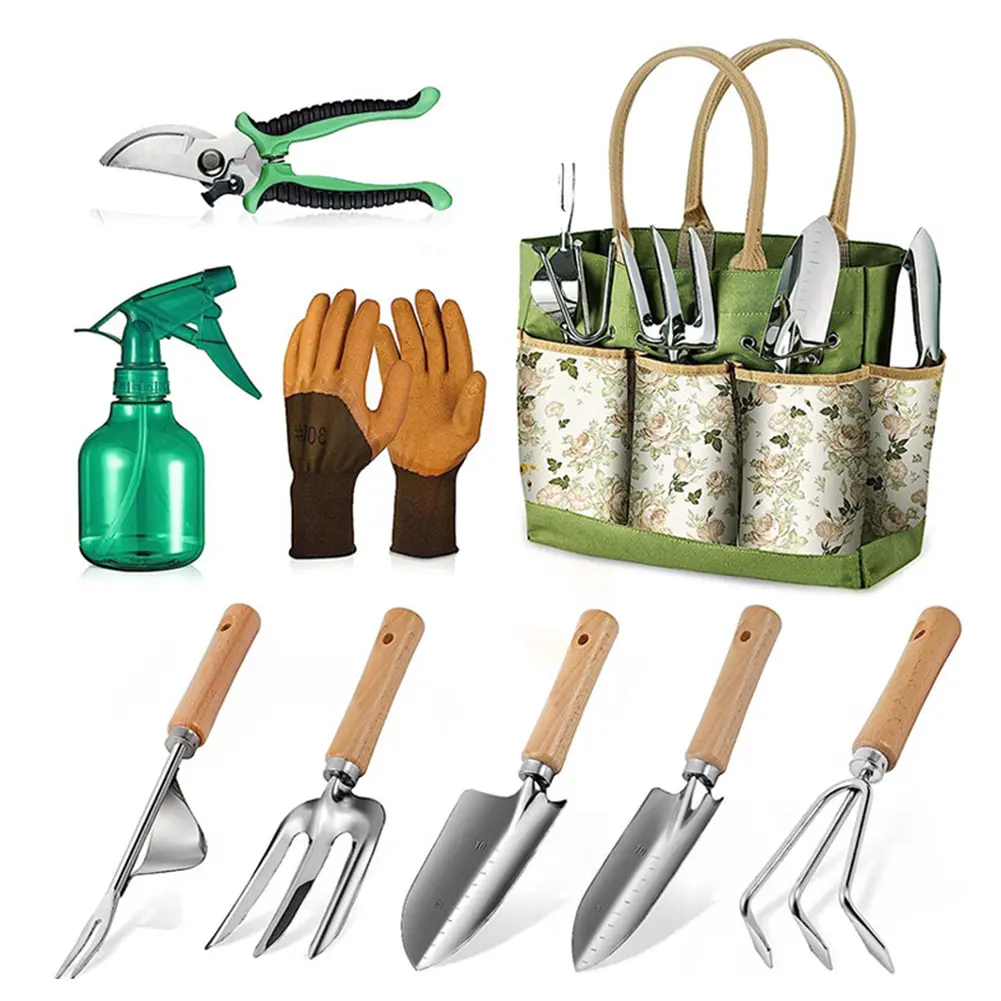 9 IN 1 Gardening Tool Set Rust-Proof Stainless Steel Garden Tool Set Wooden Handle Gloves Pruner Weeder Fork Shovel Spray Bottle