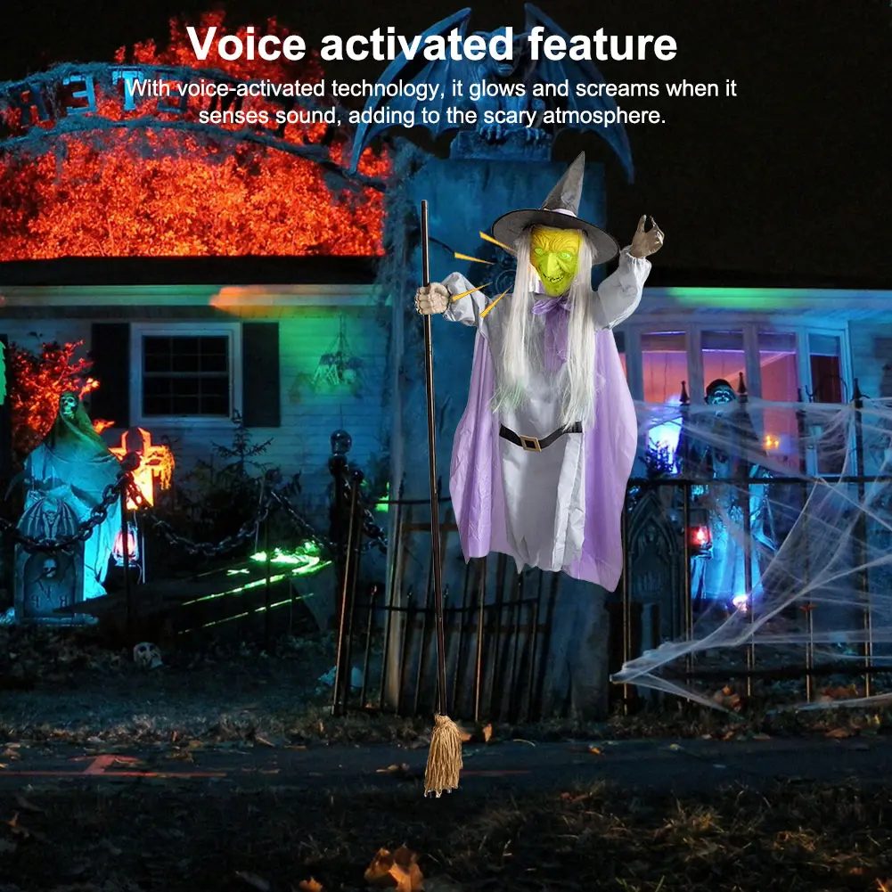 Halloween Props with Terrifying Sounds and Lights Fun Costumes Flying Scary Witch Broom Wizard Decor for Garden Yard Lawn Indoor