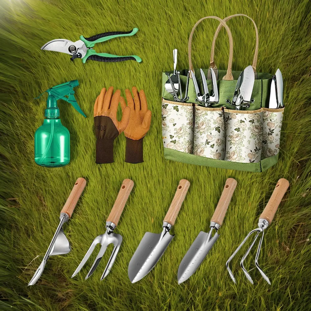 9 IN 1 Gardening Tool Set Rust-Proof Stainless Steel Garden Tool Set Wooden Handle Gloves Pruner Weeder Fork Shovel Spray Bottle