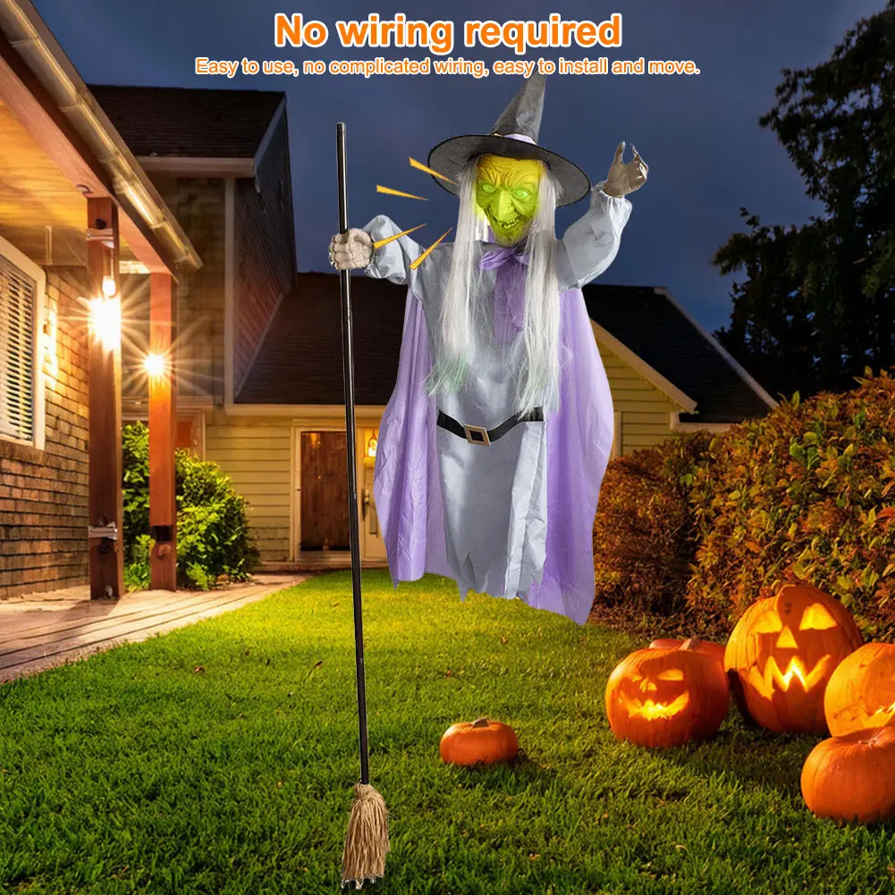 Halloween Props with Terrifying Sounds and Lights Fun Costumes Flying Scary Witch Broom Wizard Decor for Garden Yard Lawn Indoor