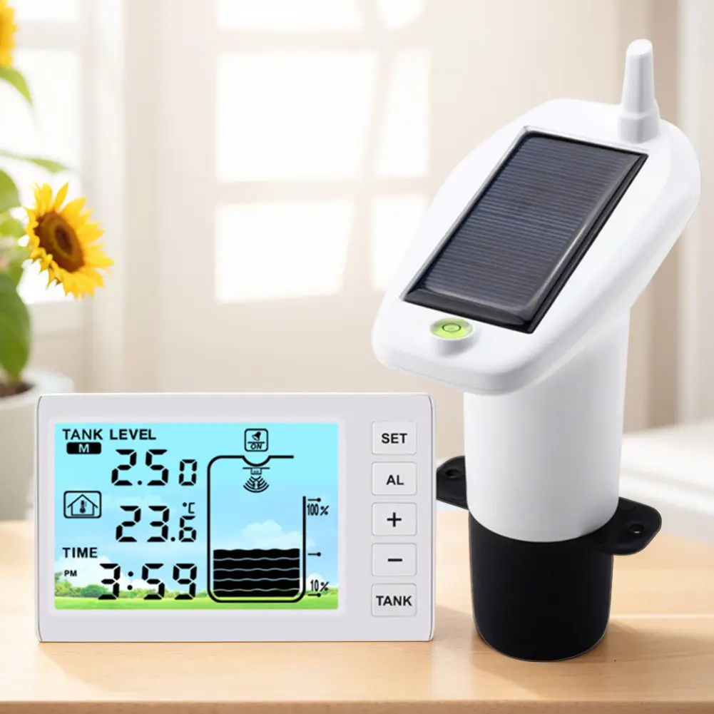 Indoor Water Tank Liquid Level Meter Temperature Sensor Time Display W/ Alarm Wireless Ultrasonic Water Tank Liquid Level Meter