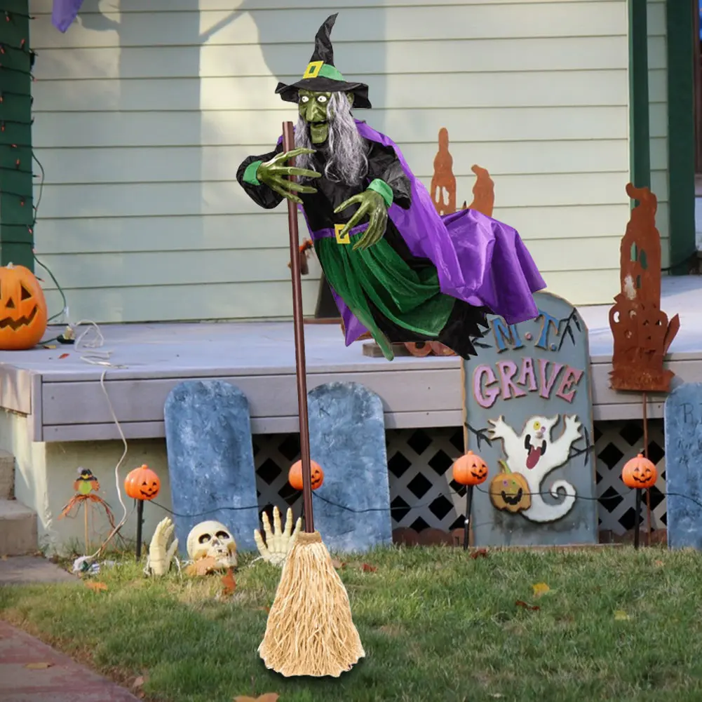 Halloween Props with Terrifying Sounds and Lights Fun Costumes Flying Scary Witch Broom Wizard Decor for Garden Yard Lawn Indoor