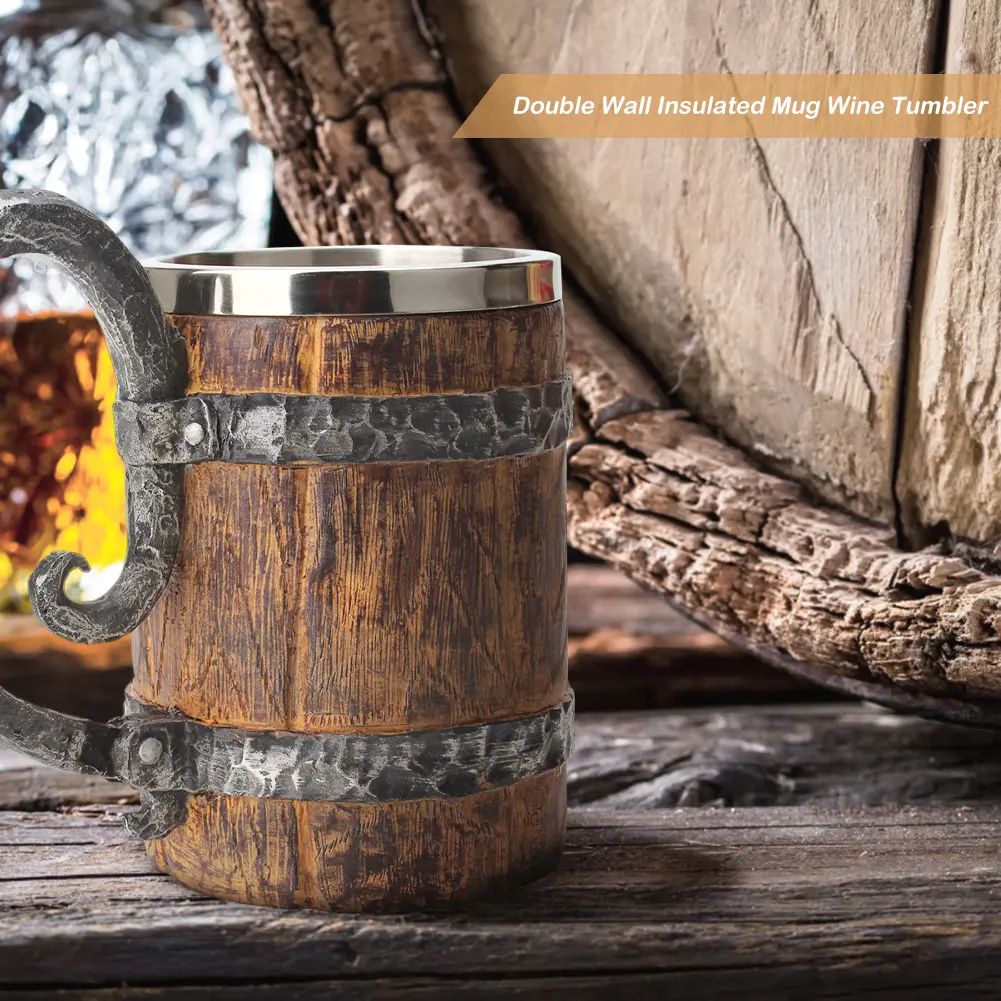 500ml Drinking Mug Double Wall Simulation Wood Coffee Mug Creative Beverage Cup Heat Resistant for Tea Coffee Drinks