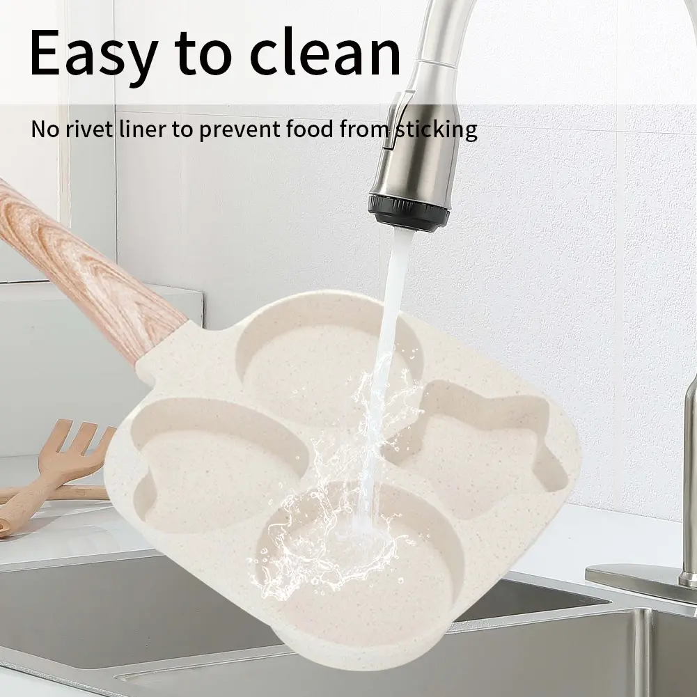 4 Hole Omelet Pan Egg Frying Pan Wooden Handle Fried Egg Pan Non-Stick Divided Egg Omelet Pan for Gas Stove and Induction Cooker