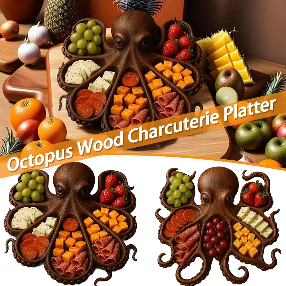 Octopus Design Wood Charcuterie Platter for Cheese Bread Meats Fruits Seafood Snack Gift for Seafood Lovers & Entertainers