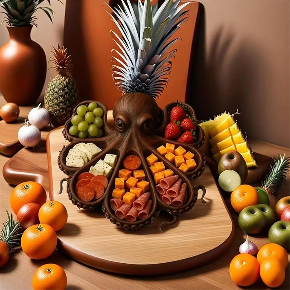 Octopus Design Wood Charcuterie Platter for Cheese Bread Meats Fruits Seafood Snack Gift for Seafood Lovers & Entertainers