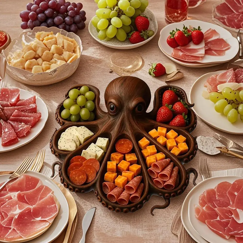 Octopus Design Wood Charcuterie Platter for Cheese Bread Meats Fruits Seafood Snack Gift for Seafood Lovers & Entertainers