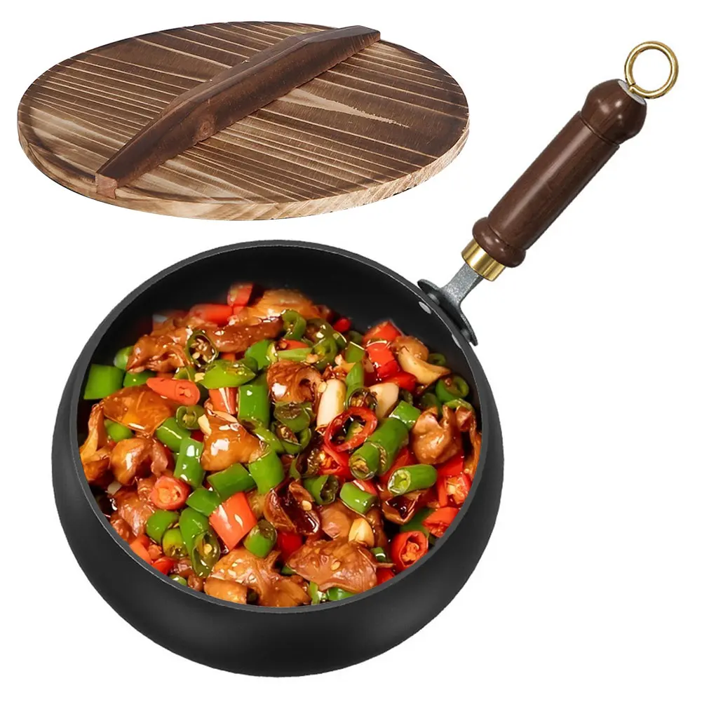 Uncoated Iron Pan with Wooden Handle Flat Bottom Iron Pot for Indoor and Outdoor Cooking