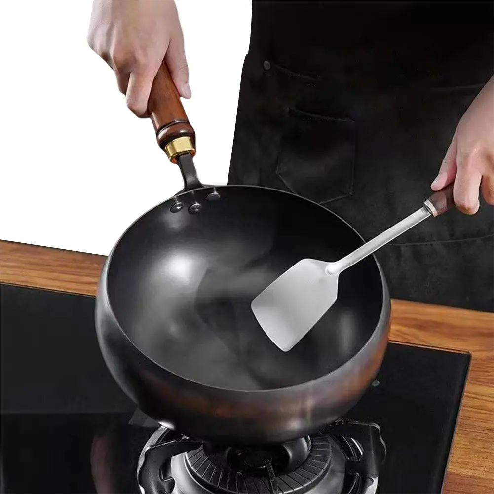 Uncoated Iron Pan with Wooden Handle Flat Bottom Iron Pot for Indoor and Outdoor Cooking