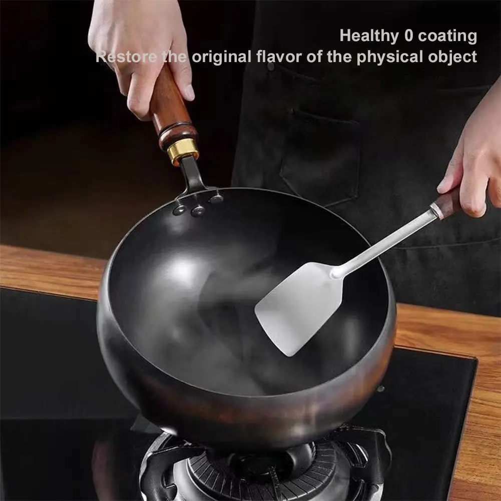 Uncoated Iron Pan with Wooden Handle Flat Bottom Iron Pot for Indoor and Outdoor Cooking