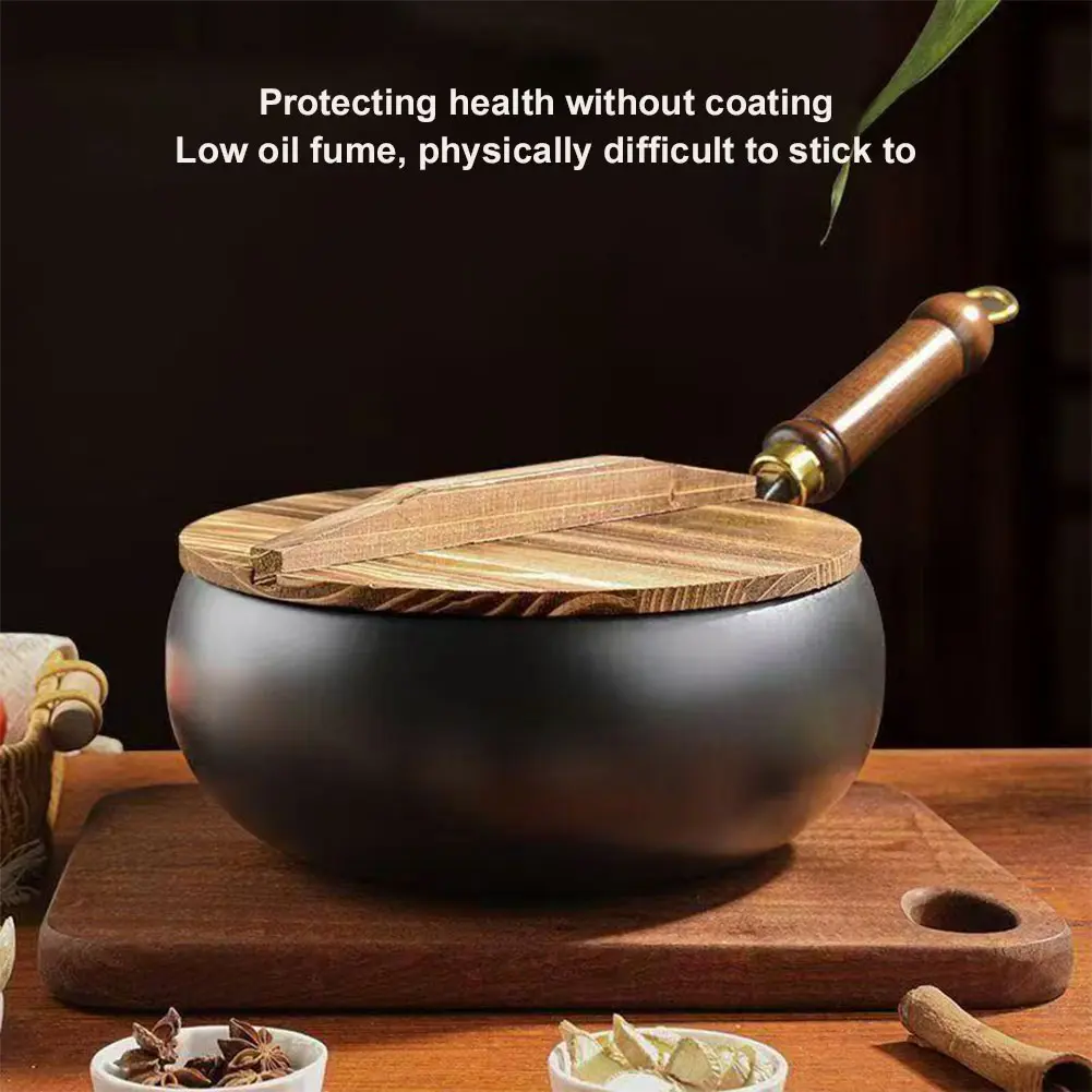 Uncoated Iron Pan with Wooden Handle Flat Bottom Iron Pot for Indoor and Outdoor Cooking