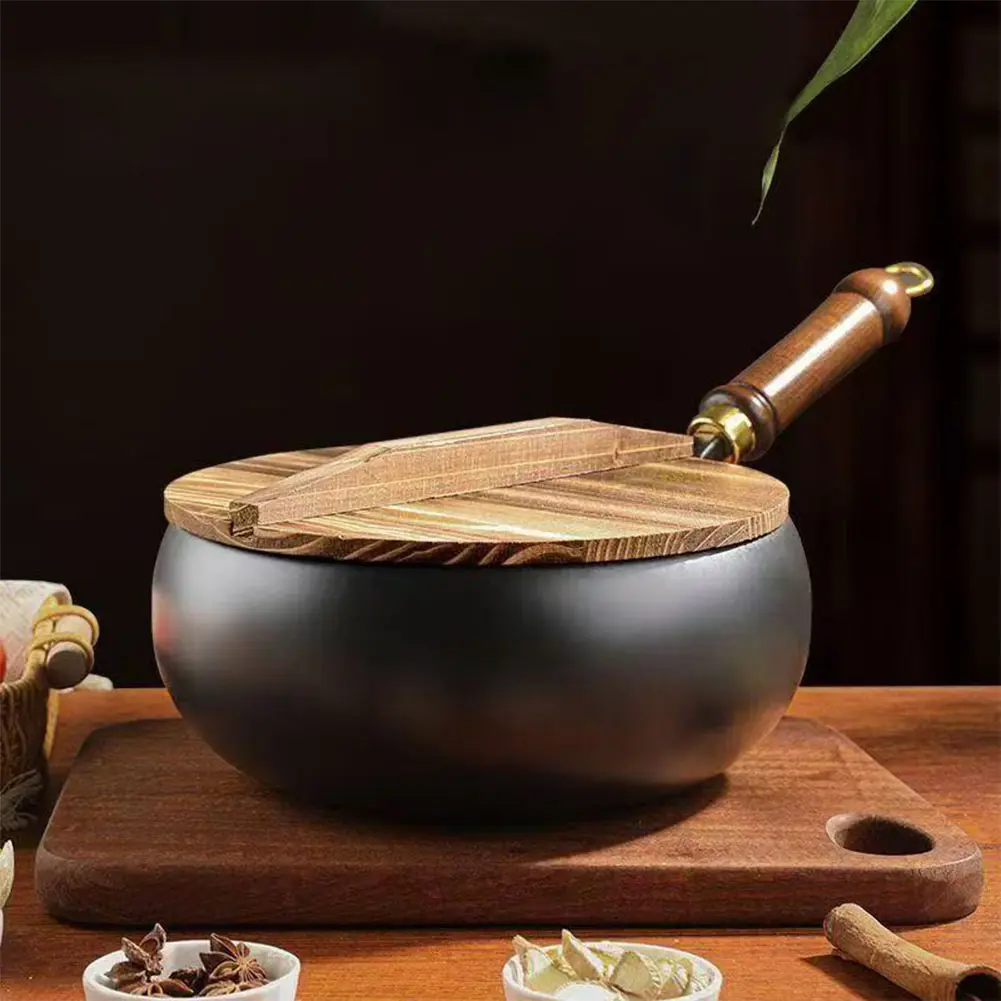 Uncoated Iron Pan with Wooden Handle Flat Bottom Iron Pot for Indoor and Outdoor Cooking
