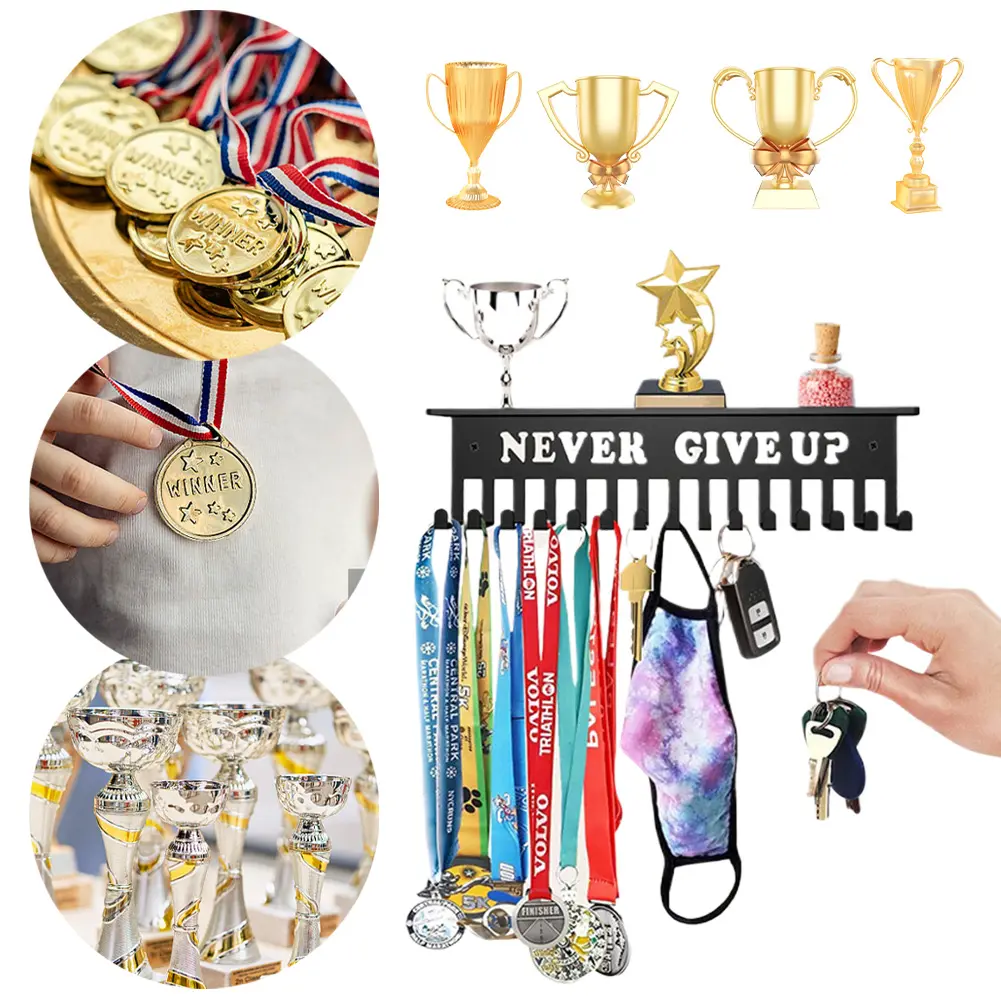 Trophy Display Rack with 15 Hooks Headband Display Stand Wall Mount Sports Medal Hanger Multifunction for Medal Storage