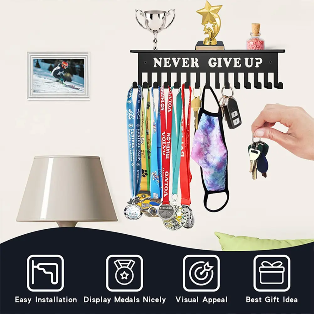Trophy Display Rack with 15 Hooks Headband Display Stand Wall Mount Sports Medal Hanger Multifunction for Medal Storage