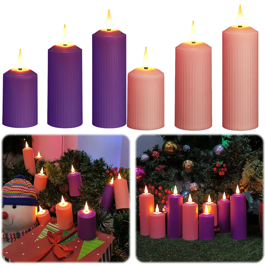 3Pcs Flickering Electric Pillar Candles with Remote Control USB Rechargeable Pink Flameless Candle Flickering LED Pillar Candles