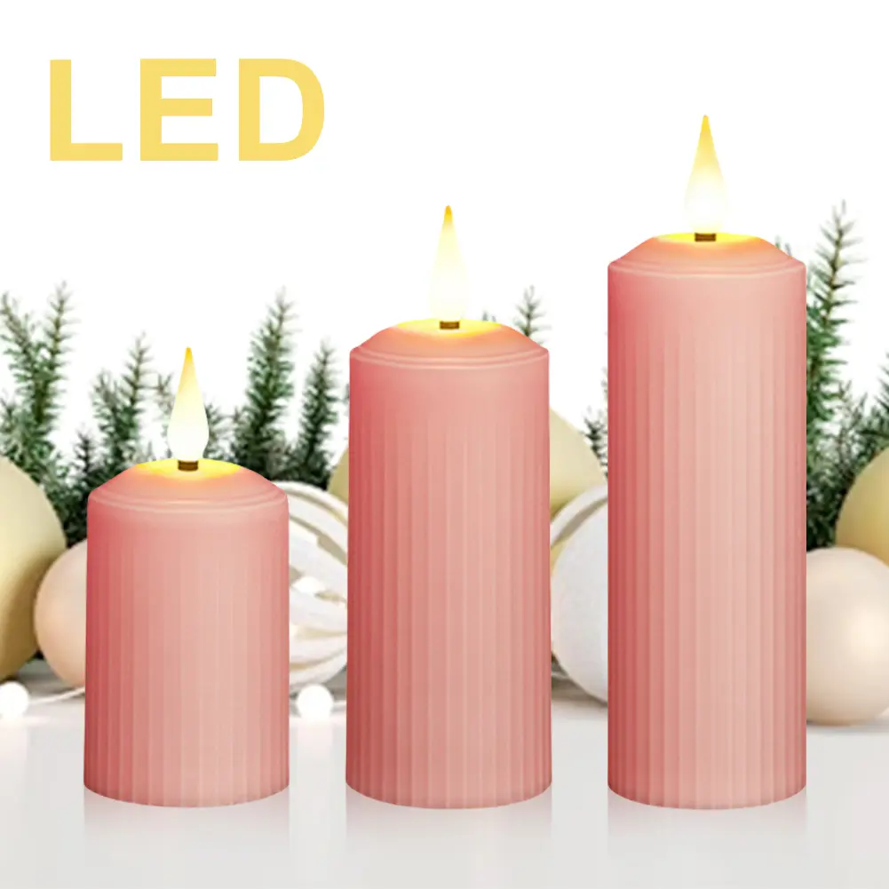 3Pcs Flickering Electric Pillar Candles with Remote Control USB Rechargeable Pink Flameless Candle Flickering LED Pillar Candles