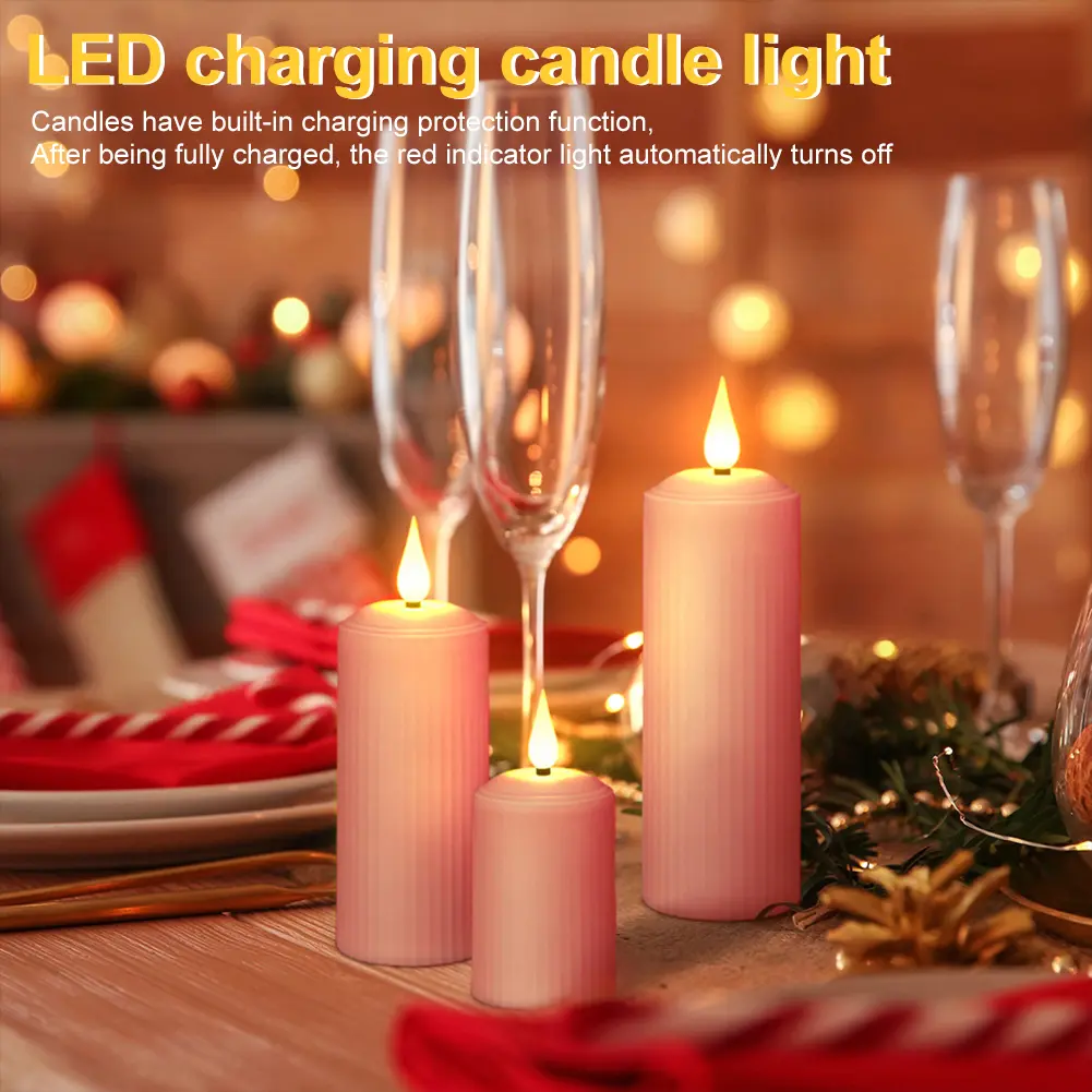 3Pcs Flickering Electric Pillar Candles with Remote Control USB Rechargeable Pink Flameless Candle Flickering LED Pillar Candles