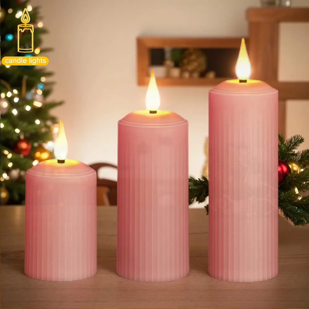 3Pcs Flickering Electric Pillar Candles with Remote Control USB Rechargeable Pink Flameless Candle Flickering LED Pillar Candles