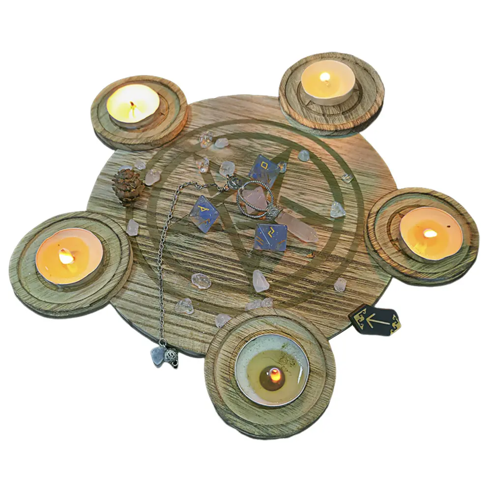 2 In 1 Pentagram Wooden Candle Holder Tealight Holder Tray Candlestick Divination Meditation For Wicca Ceremony