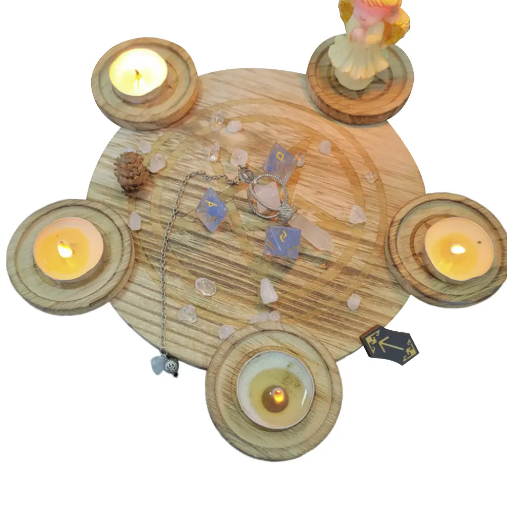 2 In 1 Pentagram Wooden Candle Holder Tealight Holder Tray Candlestick Divination Meditation For Wicca Ceremony