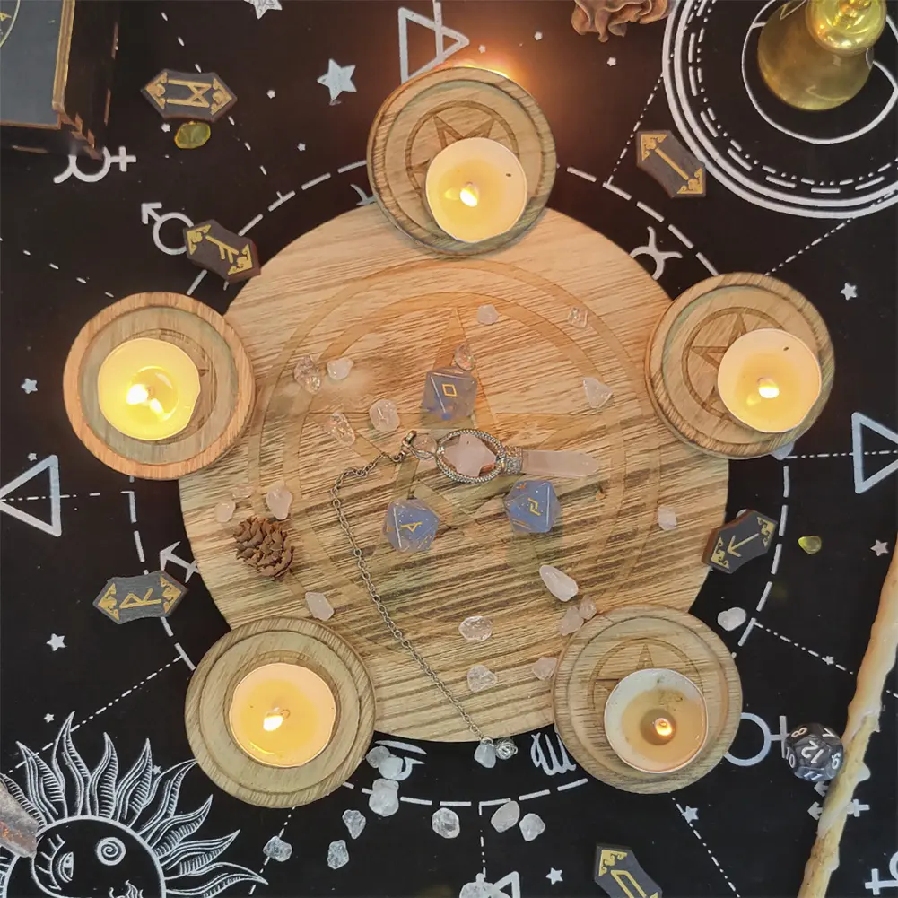 2 In 1 Pentagram Wooden Candle Holder Tealight Holder Tray Candlestick Divination Meditation For Wicca Ceremony