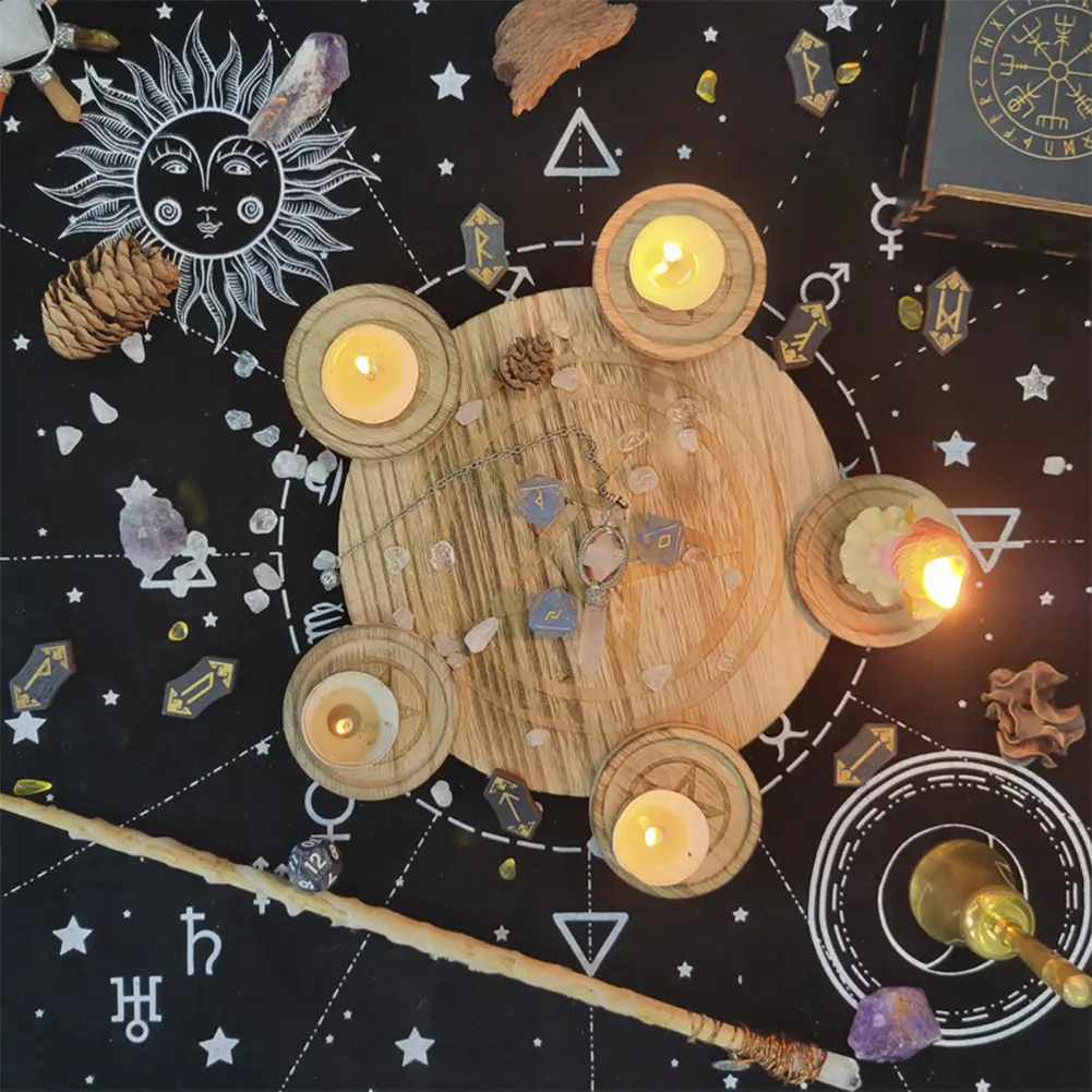 2 In 1 Pentagram Wooden Candle Holder Tealight Holder Tray Candlestick Divination Meditation For Wicca Ceremony